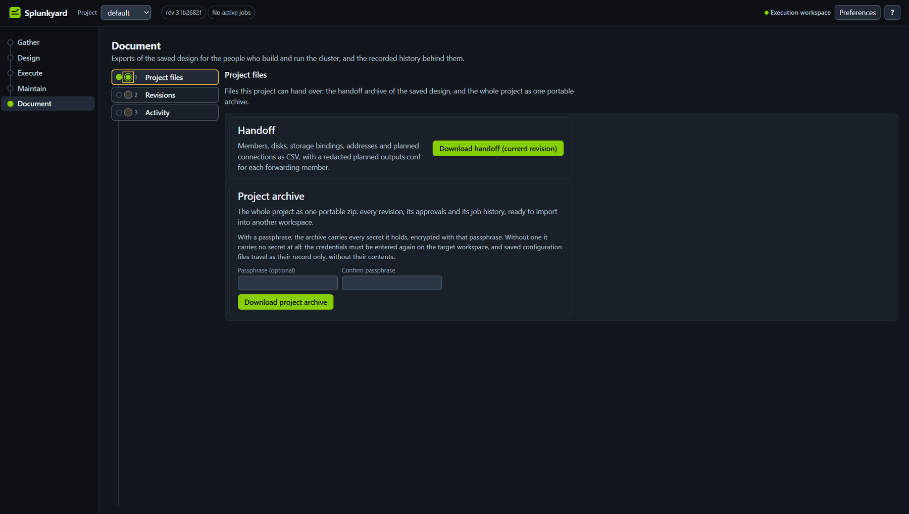 Document screen, Project files: a handoff download and a project archive download, with an optional passphrase.