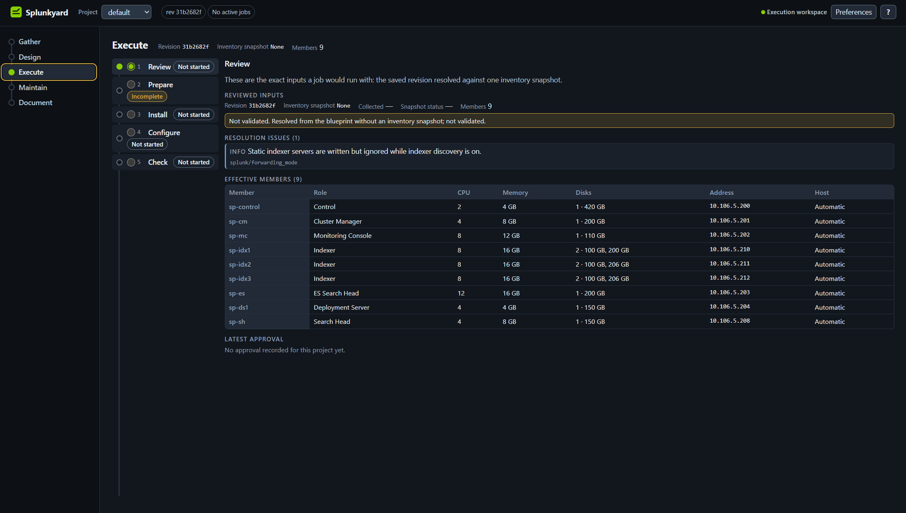 Execute screen, Review step: a table of nine machines with role, processors, memory and disks.